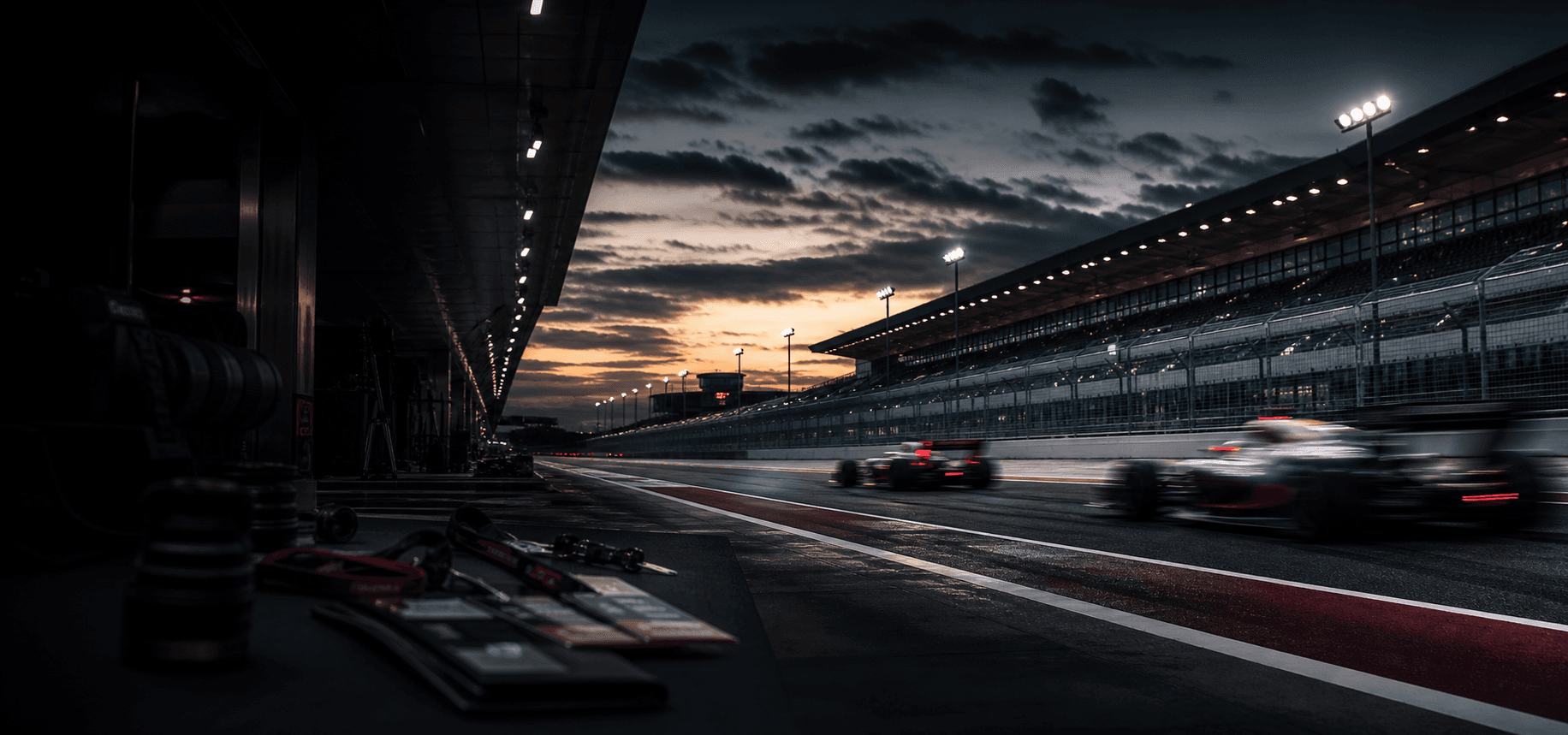 Motorsport paddock and race circuit at dusk